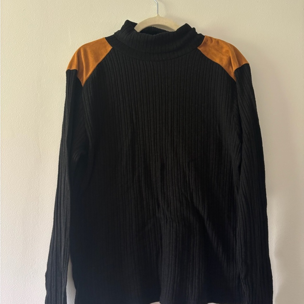 Men's Black Ribbed Sweater with Tan Shoulder Accents